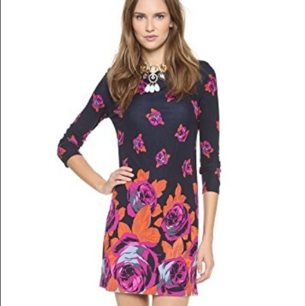 Juicy Couture Pink Floral Black Mini Dress Size XS 3/4 Sleeve Made In USA